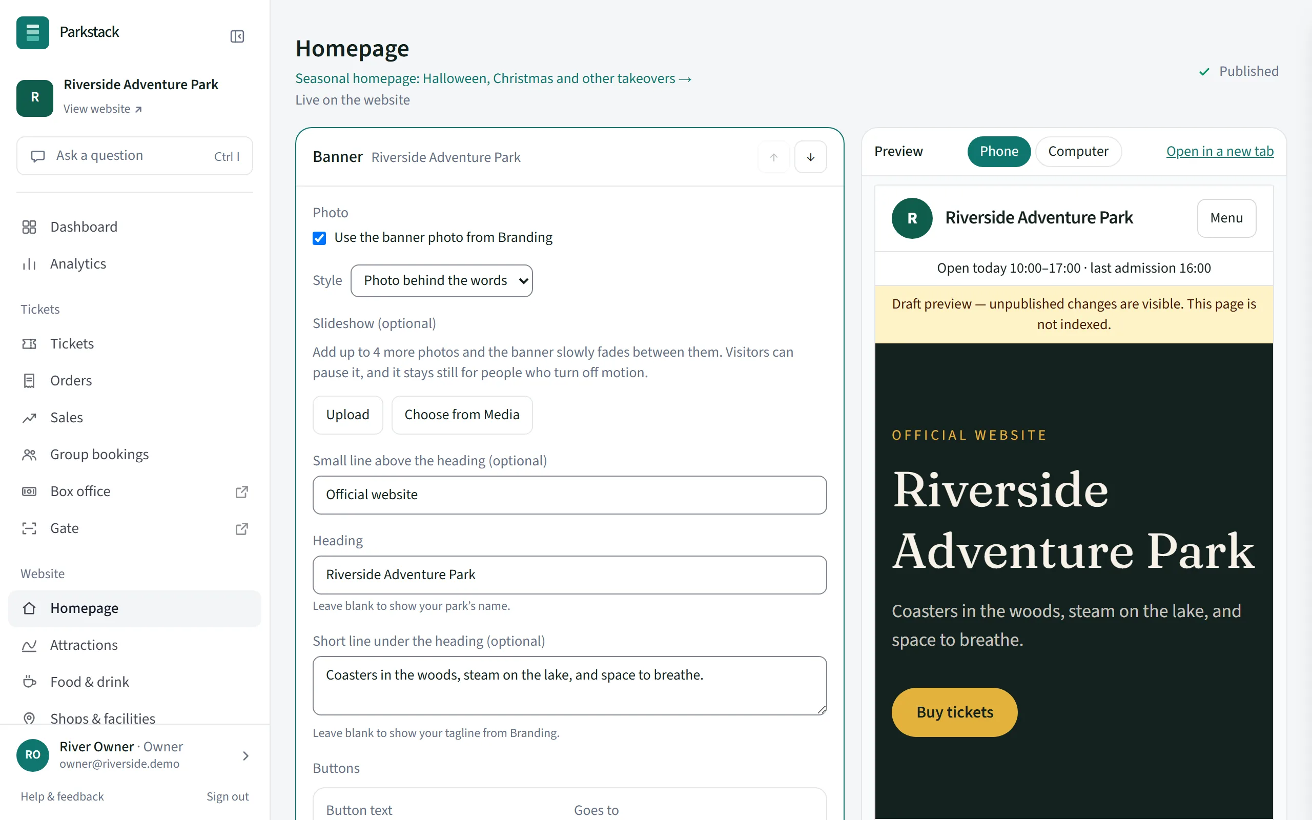 The homepage editor in the console: the page’s blocks on the left and a live preview of the website on a phone on the right.