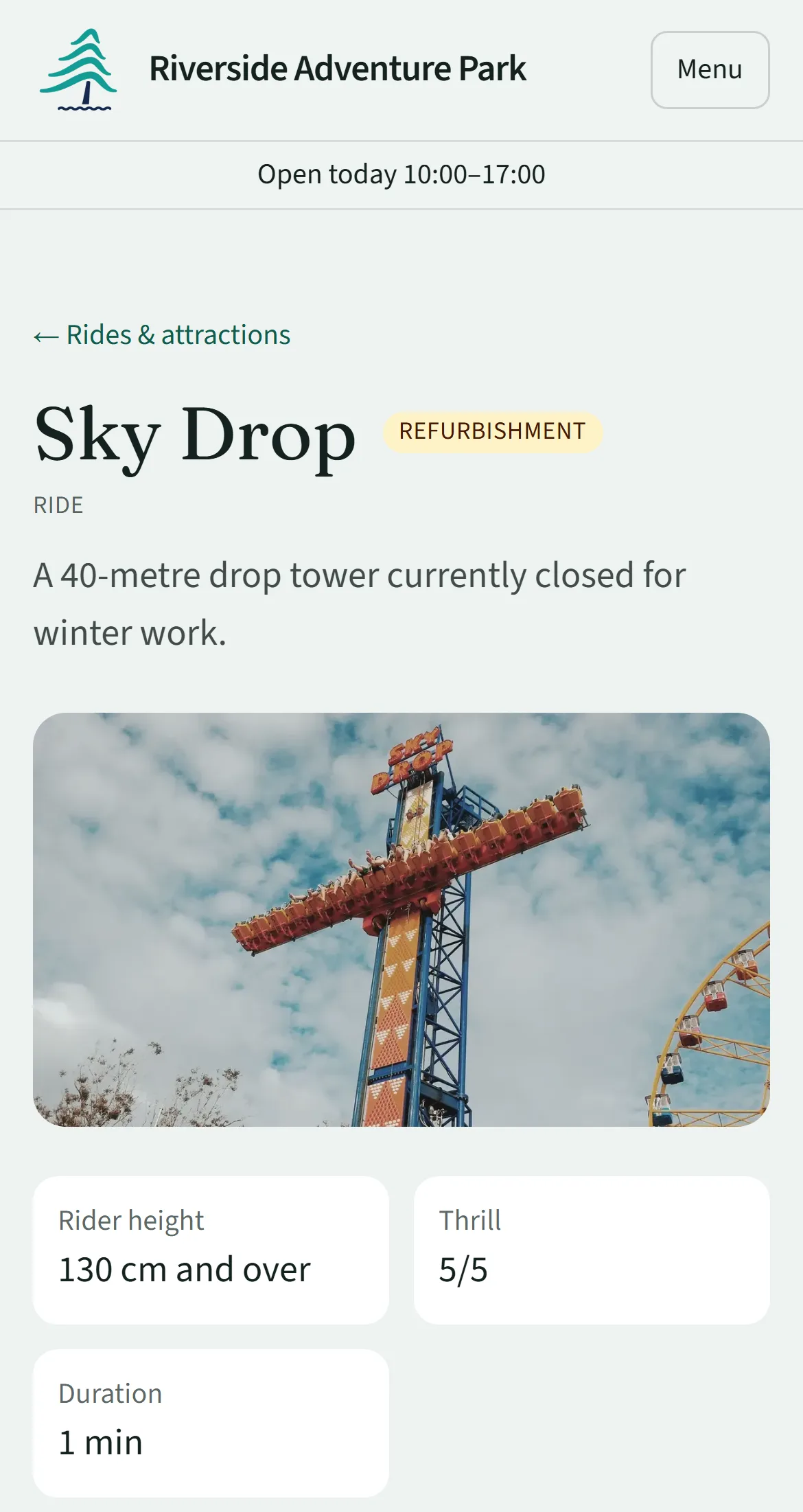 The Sky Drop attraction page on a phone, marked as closed for refurbishment, with its photo and height limit.